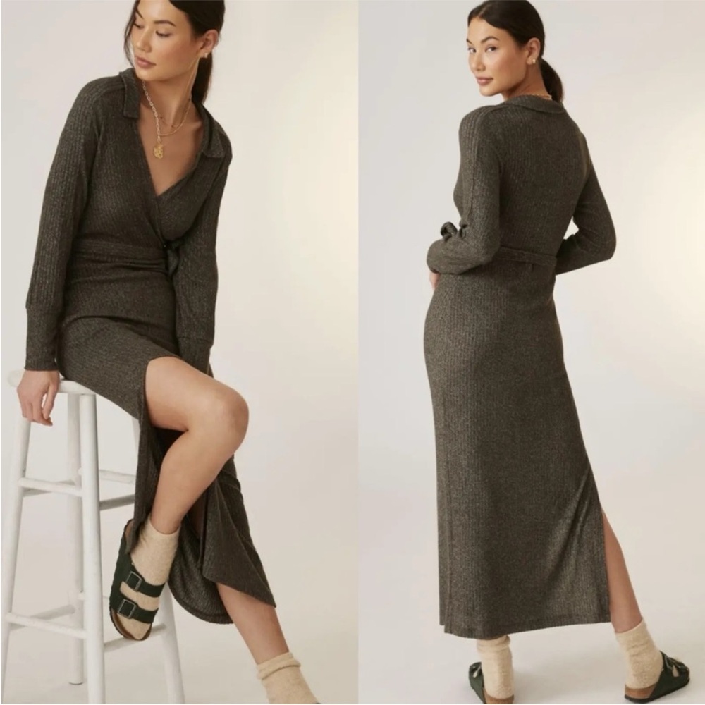 Daily Practice by Anthropologie Ribbed Wrap Front Belted Maxi Dress Size Large.